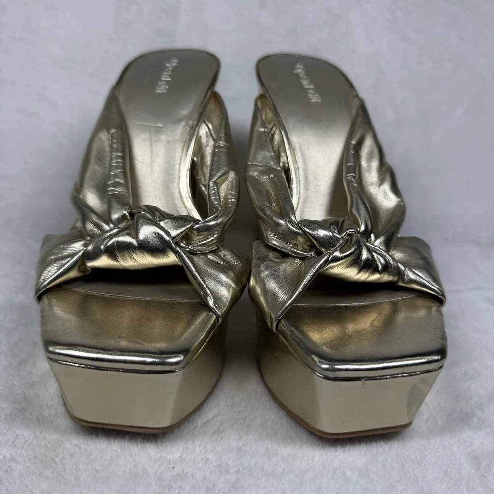 Open Edit Kaia Gold Metallic Knotted Platform Block Heel Sandals‎ Womens 7M